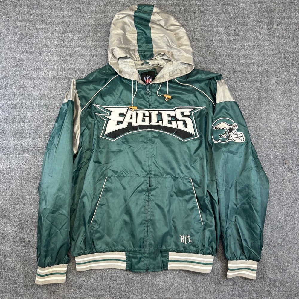 NFL Philadelphia Eagles Full Zip Hooded Windbreaker Jacket Green Silver Mens XL